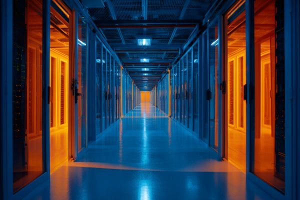 interior of a data center hallway in blues and oranges