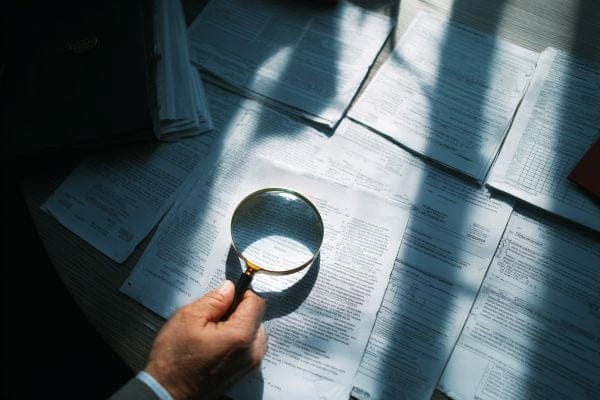businessman's hand holding a magnifying glass over paperwork on a desk under natural lighting