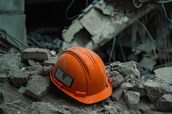 hard hat lying next to a collapsed wall