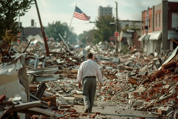 A business professional walks through building rubble with an American flag in front of him