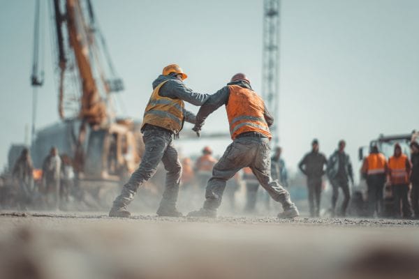 two construction workers fighting on a construction site with other workers watching