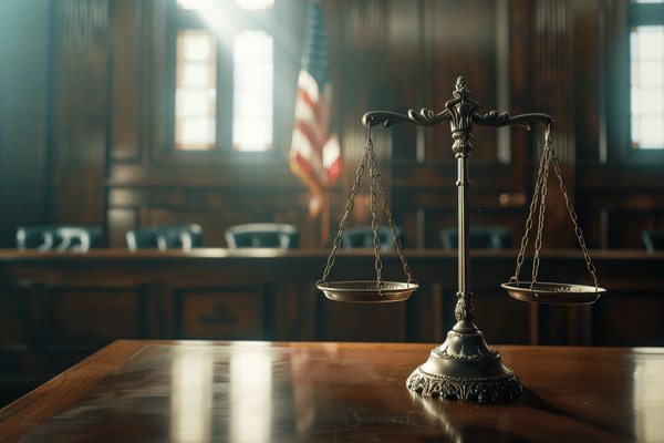 Brass liberty scales sit on a desk in an empty courtroom