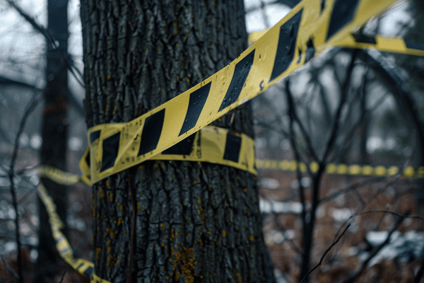 Yellow and black striped caution tape strung between trees outside