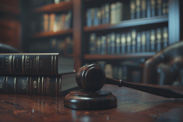 A wooden gavel lays on a desk next to a stack of legal books