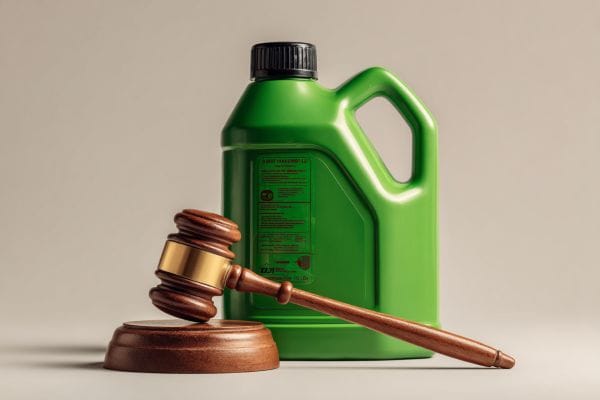 green pesticide jug behind a legal gavel