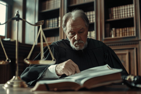 A judge reviews paperwork in his office with justice scales next to him