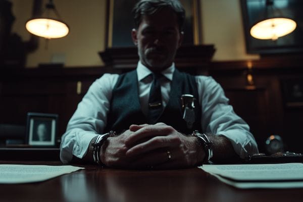 Lawyer sitting at a desk in handcuffs