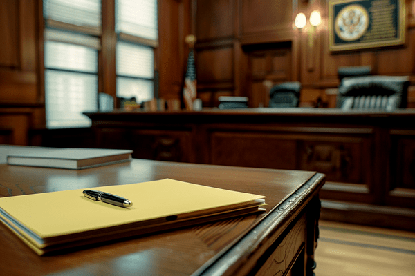 Notes and a pen sit on a table in an empty courtroom