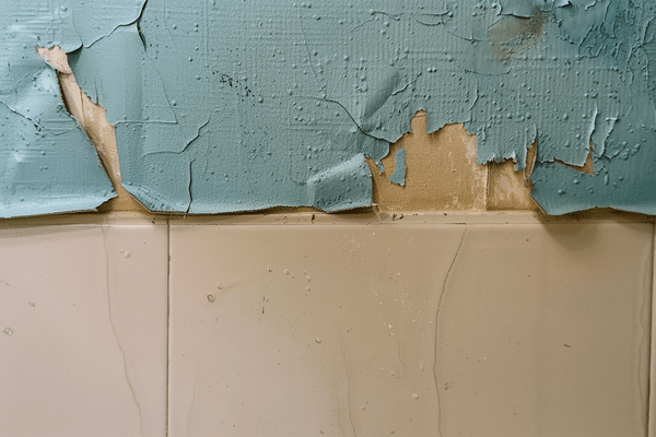 Blue wallpaper starting to peel away from a bathroom wall