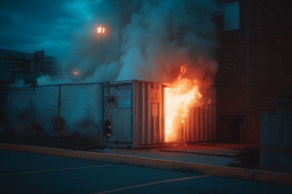 portable storage unit next to a commercial building with flames and smoke rising off it.