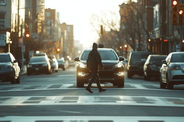 A pedestrian walking across a crosswalk with an oncoming car