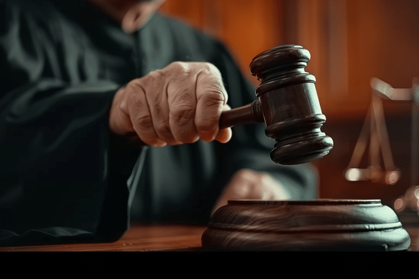 A judge bangs a gavel in a courtroom
