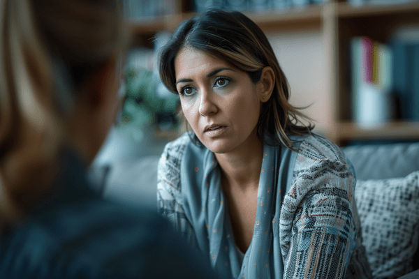 A woman sitting on a couch talking to a therapist